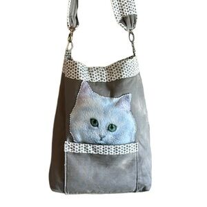 Green Eyed White Cat Face Print Large Fabric Tote Bag with Shoulder Strap